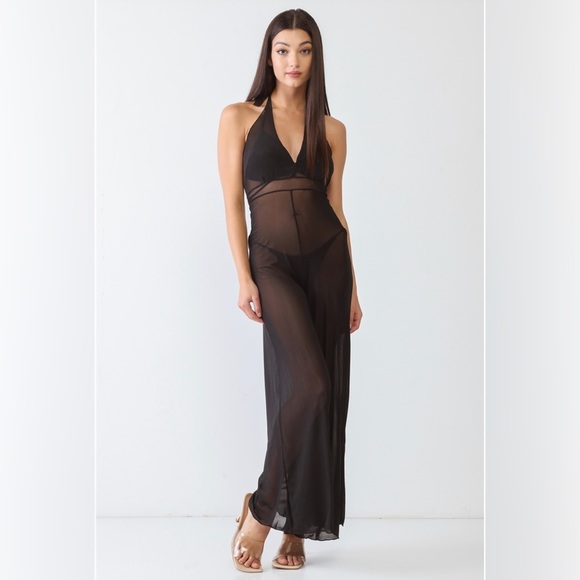 New Trendy Black V-Neck Sleeveless Wide Leg Sheer Jumpsuit Cover Up Swimwear - Picture 6 of 6